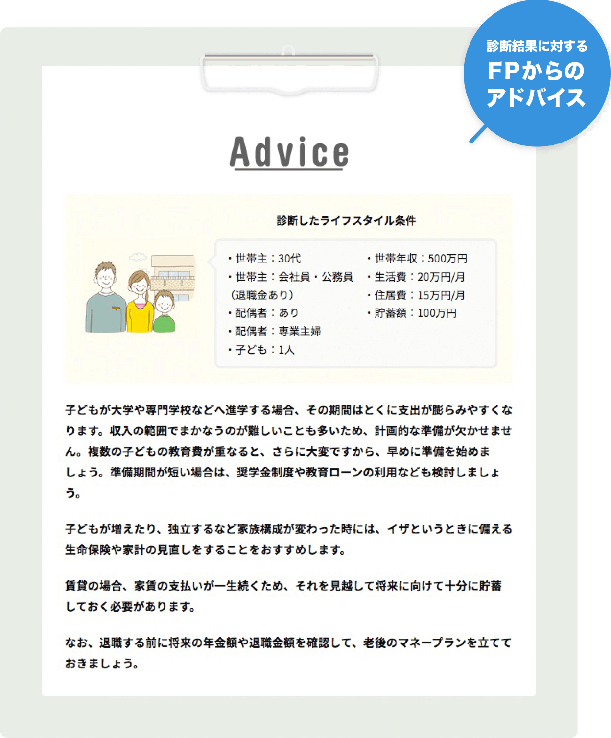 ライフプラン診断事例アドバイス「診断結果に対するFPからのアドバイス」